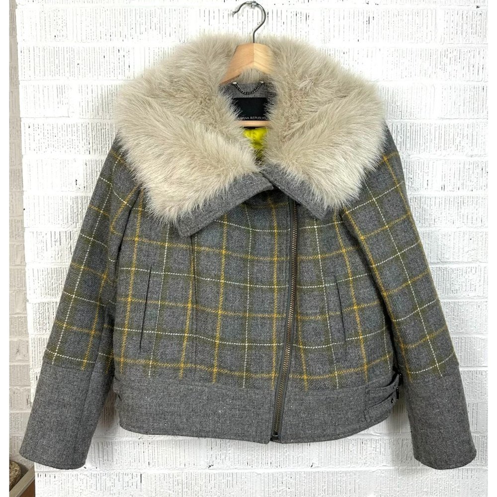 Banana Republic Womens Faux Fur Plaid Moto Jacket Coat Size Small Petite Gray